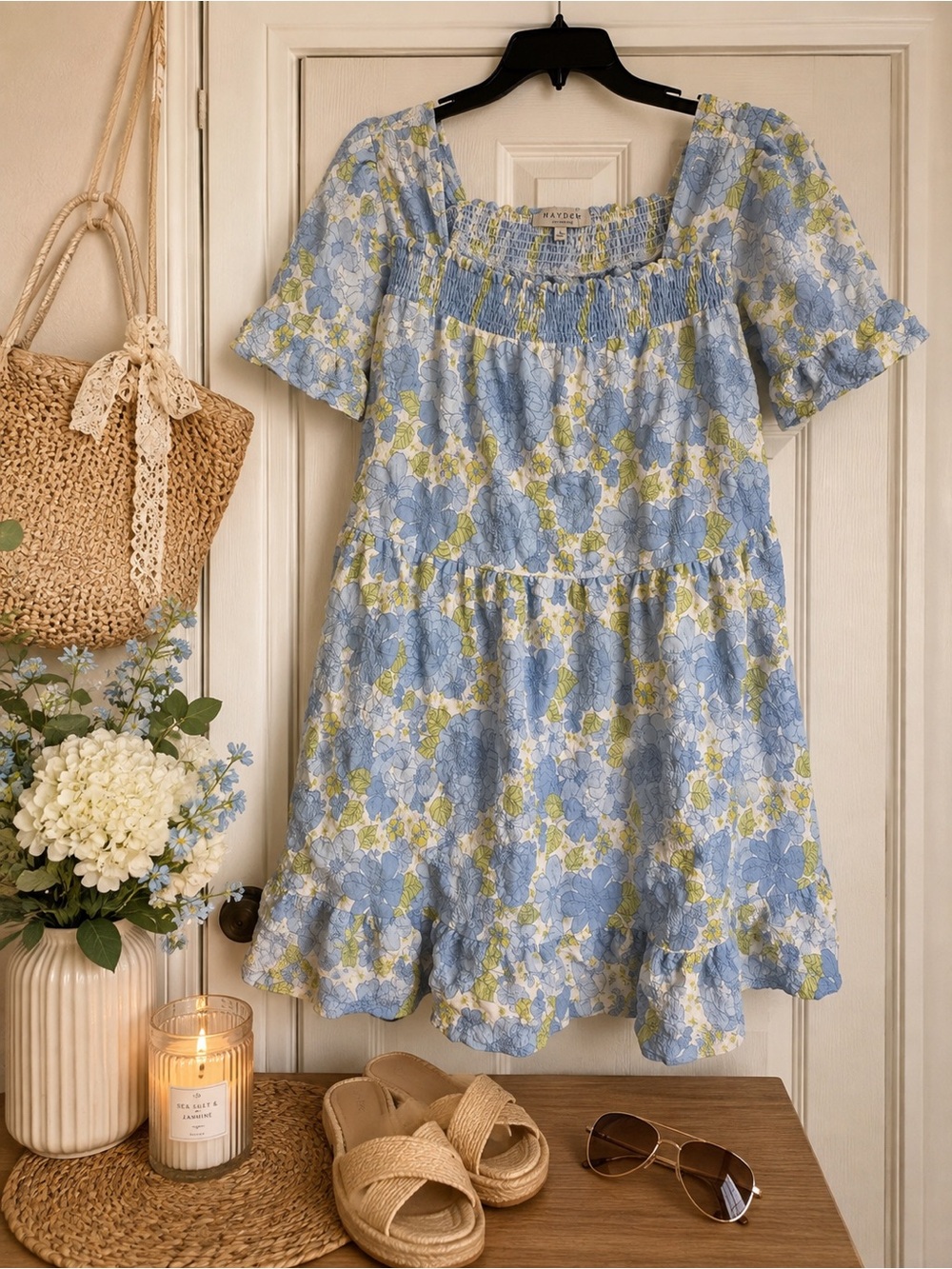 Smocked Square-Neck Mini Dress in Light Blue Floral Print